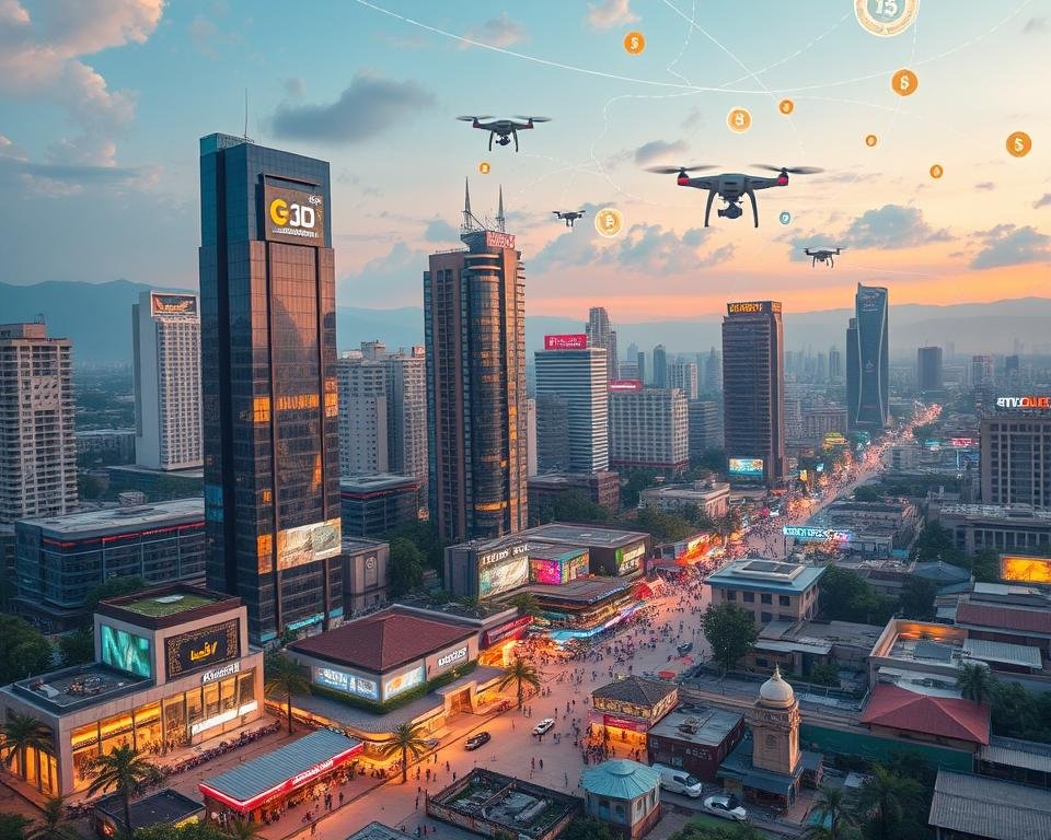 a drone flying over a city