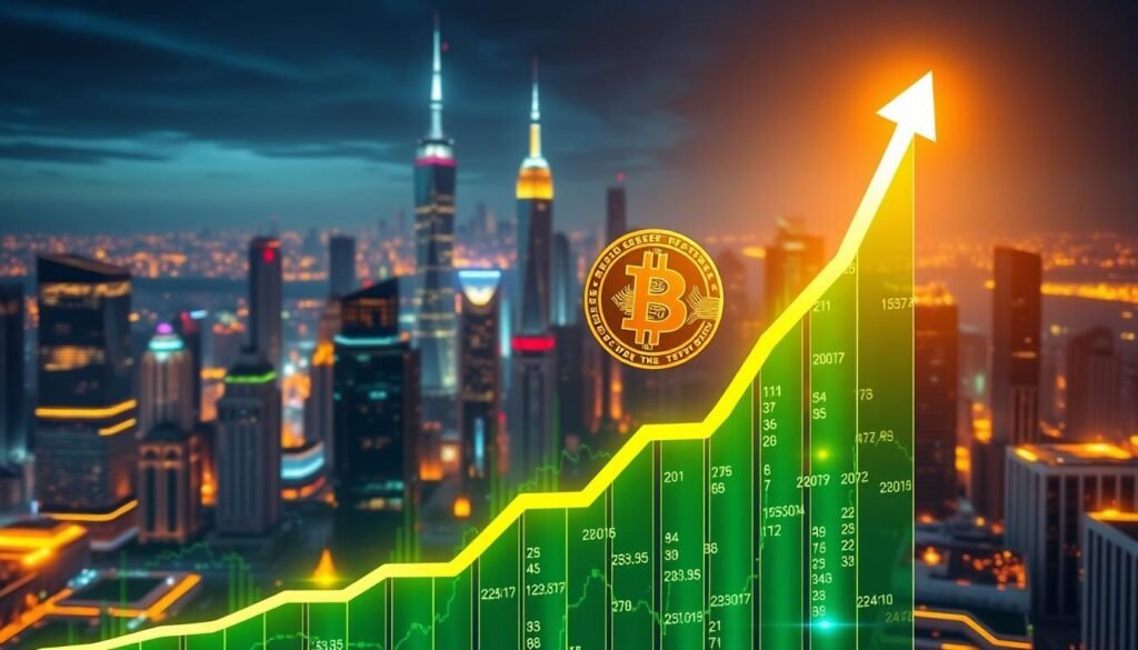 A visually striking upward graph with a Bitcoin logo at the peak, surrounded by vibrant green and gold colors, symbolizing growth and prosperity, set against a futuristic city skyline in the background, with glowing digital elements representing the cryptocurrency market.