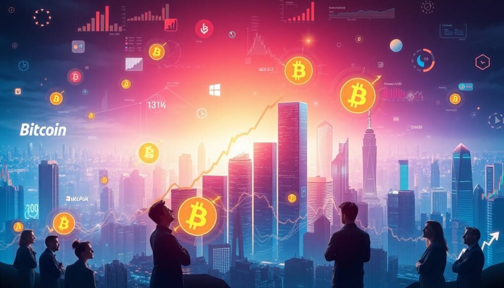 A vibrant digital landscape depicting a bullish market, with ascending Bitcoin symbols surrounded by visual representations of key economic indicators like graphs and charts, a glowing blockchain network in the background, and diverse investors observing with excitement, all set against a futuristic city skyline.